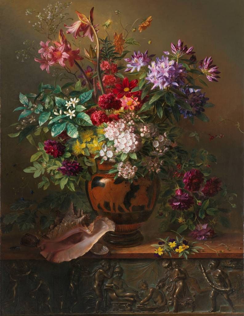 stilleben med blommor i en grekisk vas