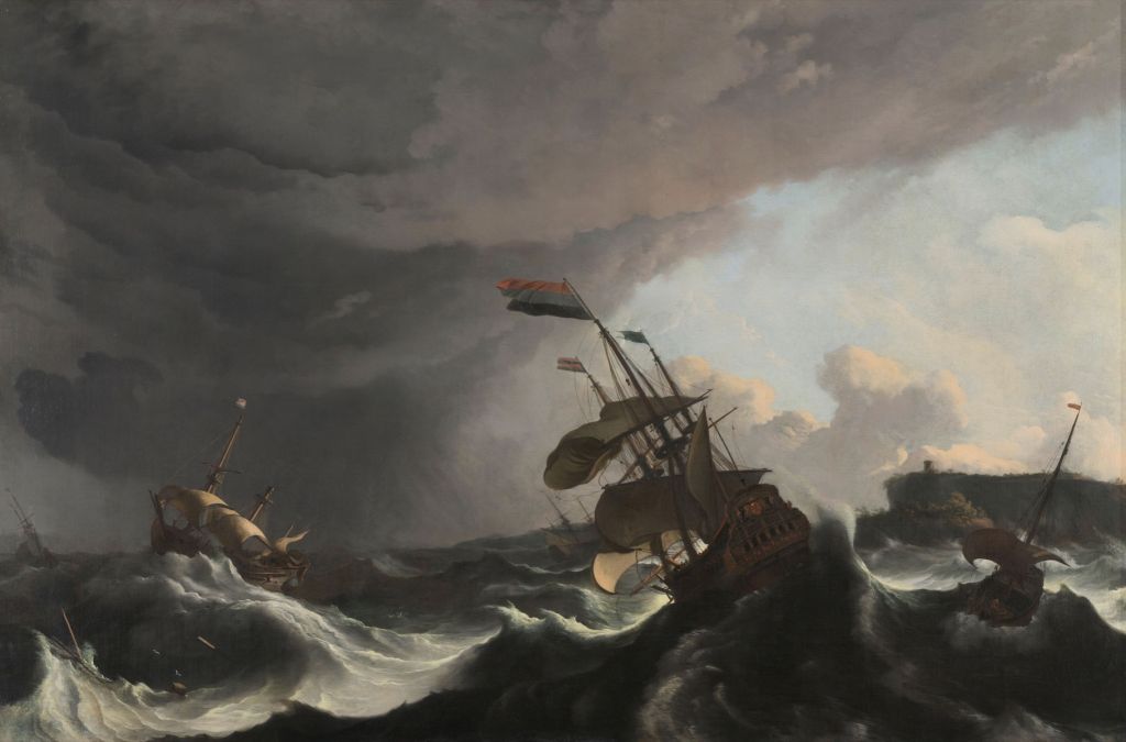 Krigsfartyg under en storm