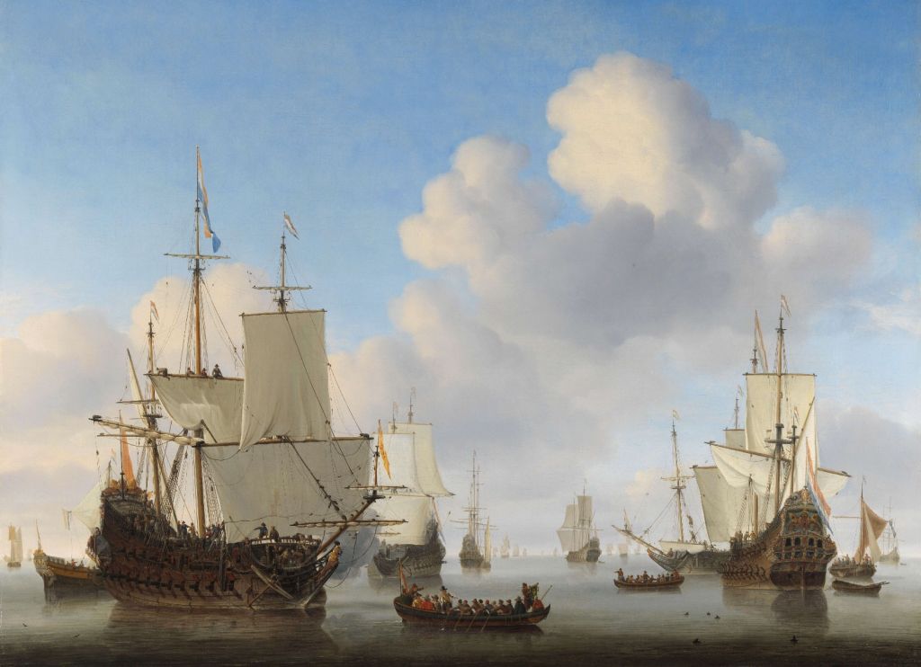 Fototapet Rijksmuseum. Holländska skepp på ett lugnt hav.