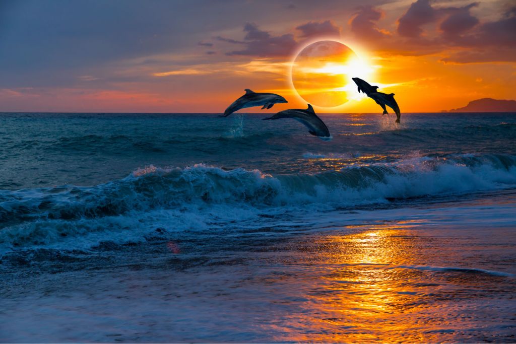 Delfiner med solnedgång