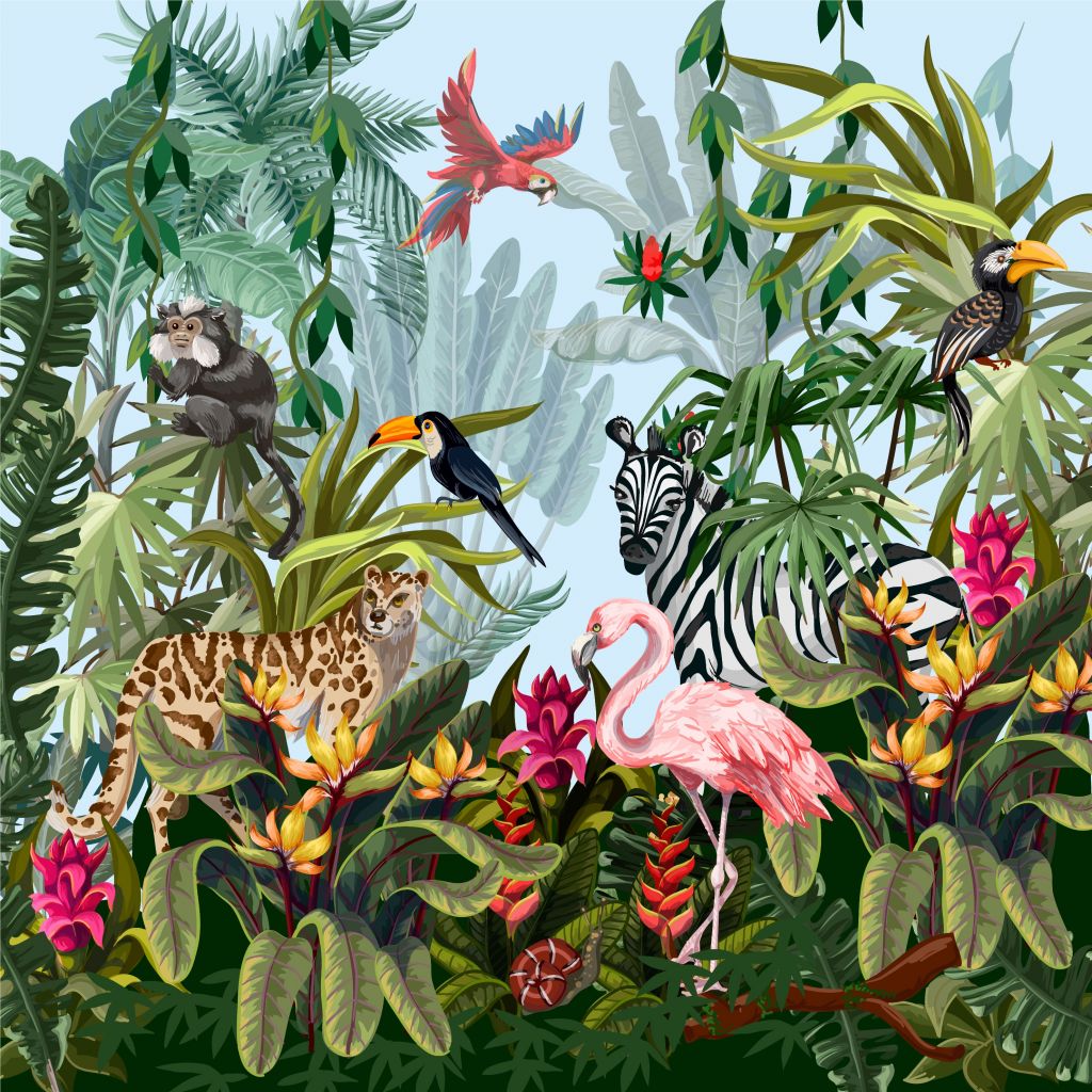 Farverig jungle med dyr