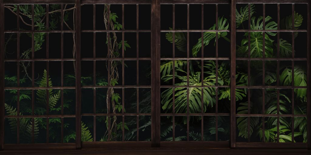 Botaniska växter bakom fönster