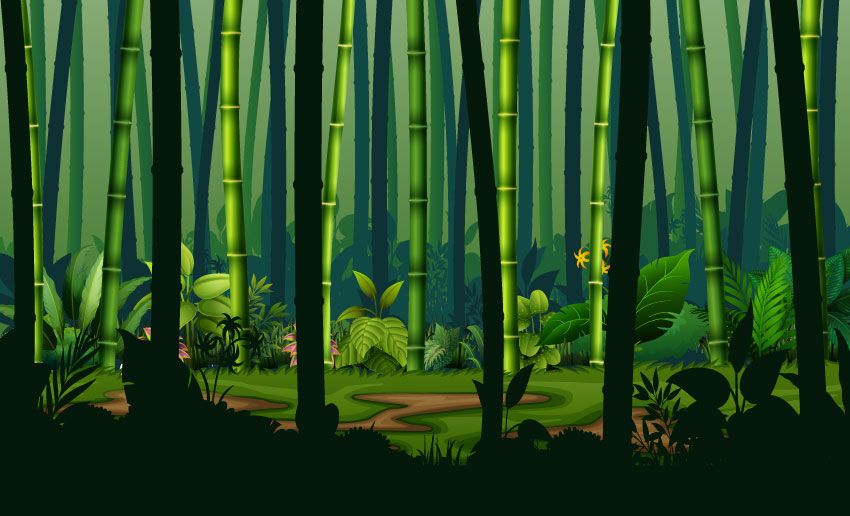 Djungel med bambusträd