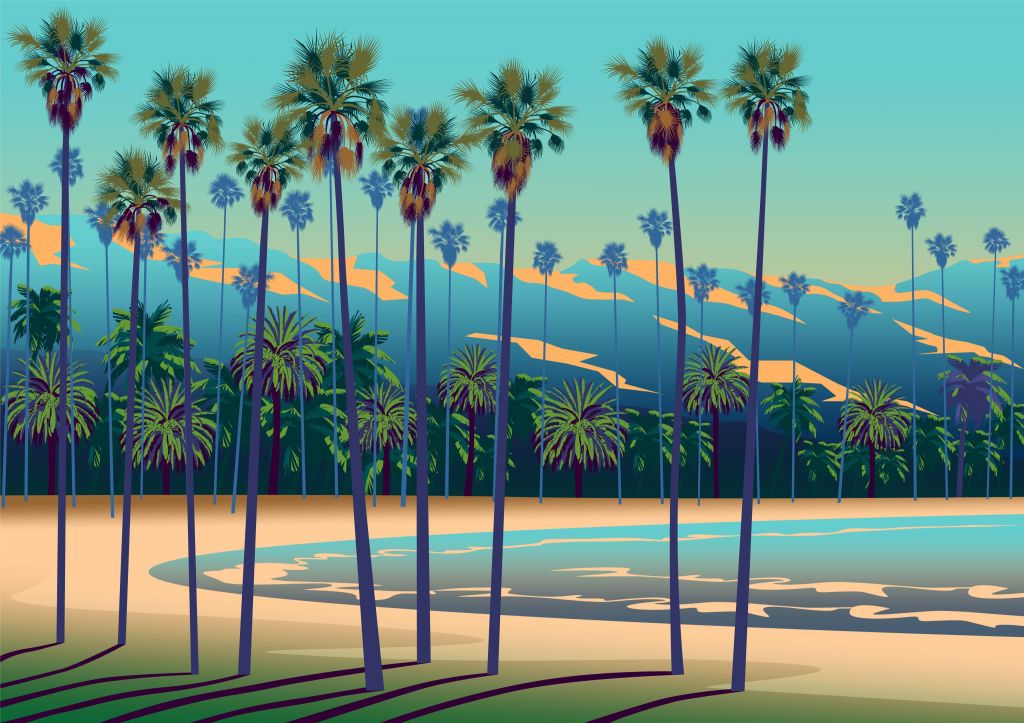 Tecknad sjö med palmer
