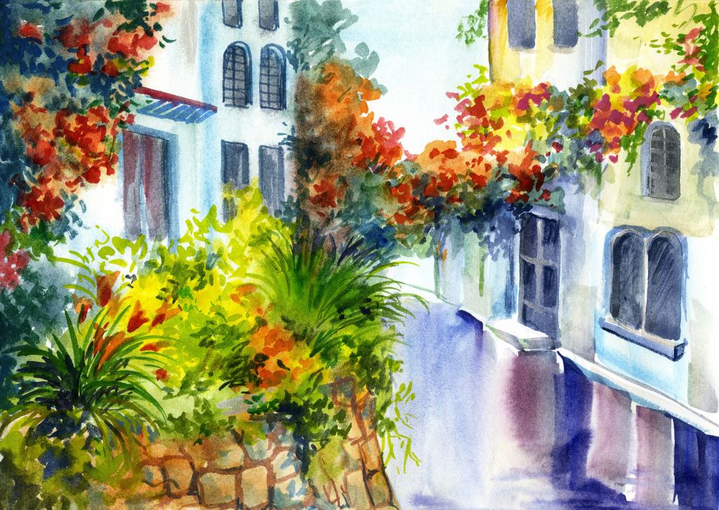 Akvarell blommor och byggnader