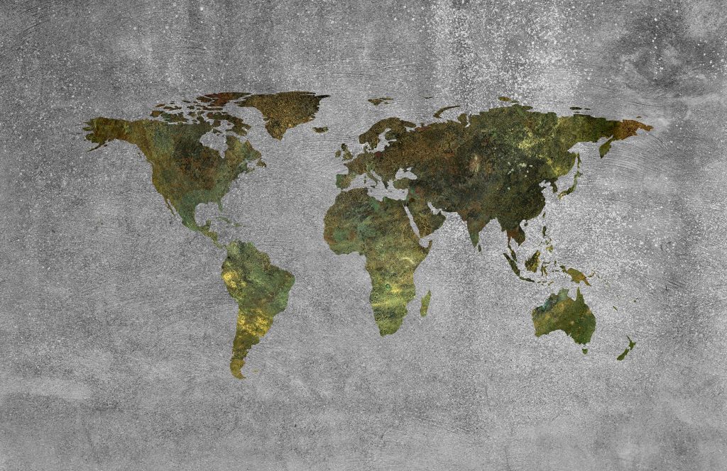 Världskarta med grön struktur på grå betong