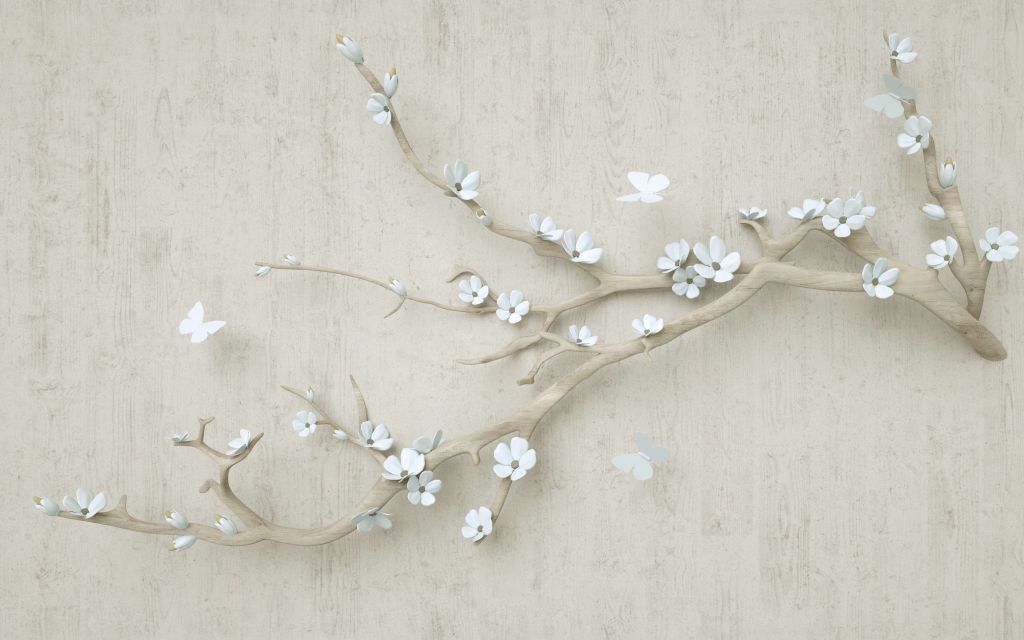 Gren med vita blommor på träbakgrund