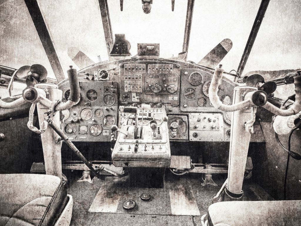 Flygplanscockpit i sepia