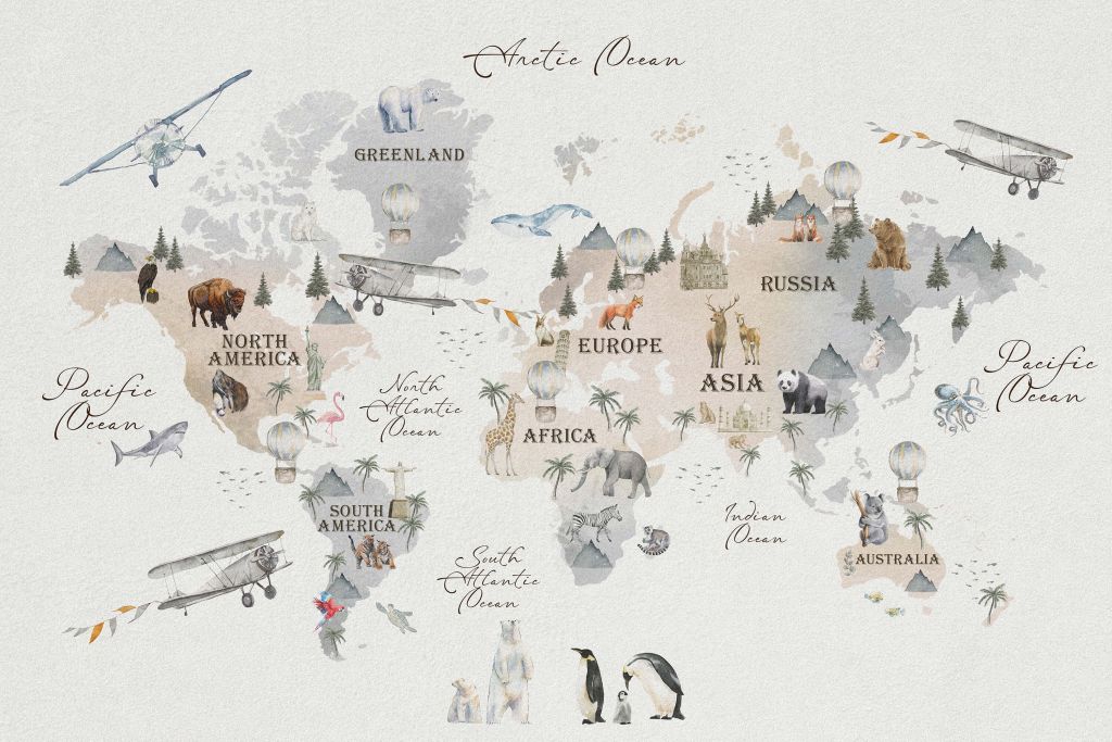 Världskarta med olika djur