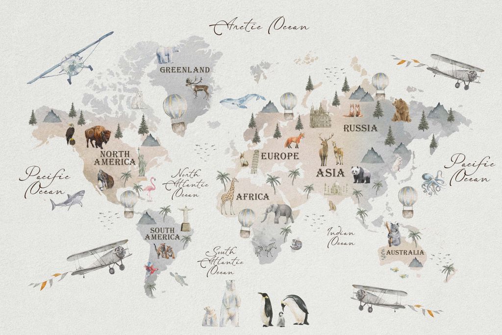 Världskarta med olika djur