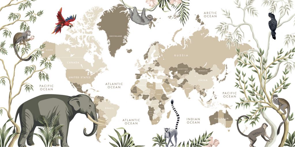 Världskarta med djungeldjur