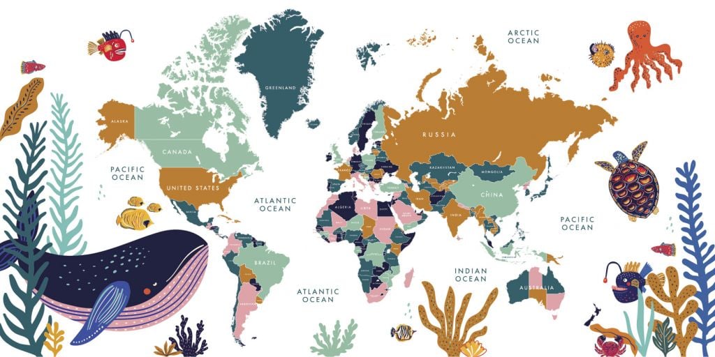 Världskarta med havsdjur