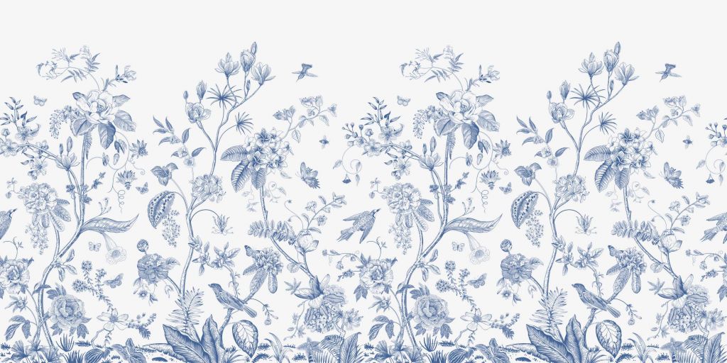 Blomsterillustration, blå og hvid