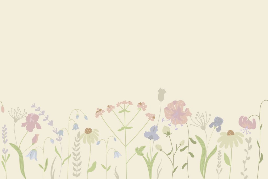 Blomsterfält i beige, gammelrosa, grönt och lila