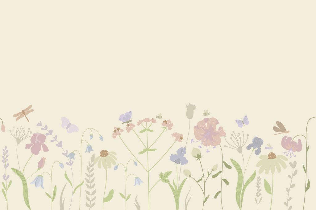 Blomsterfält med fjärilar i beige, gammelrosa, grönt och lila
