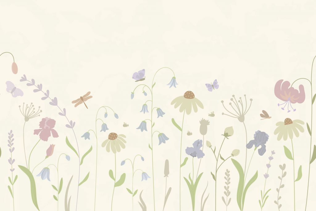 Blomsterfelt høyt med sommerfugler beige, gammelrosa, grønn og lilla