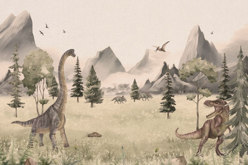 Landskab med dinosaurer i beige