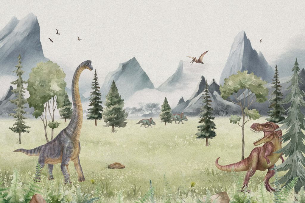 Landskap med dinosaurer i farger