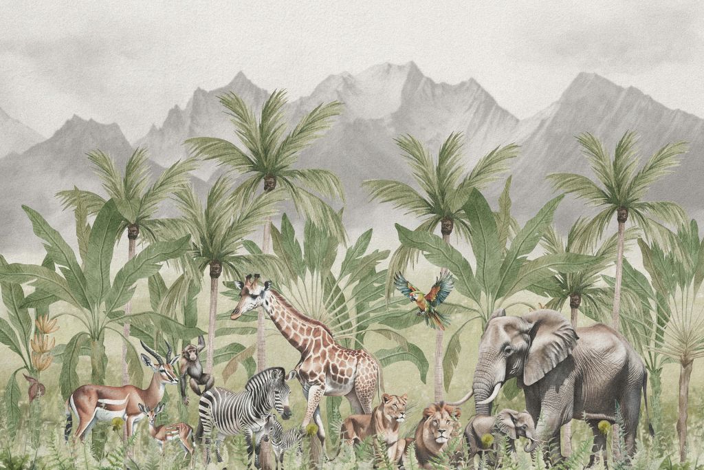 Bjerglandskab med dyr i farve