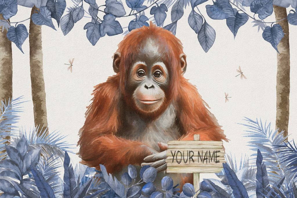 Ung orangutang i jungelen i blått