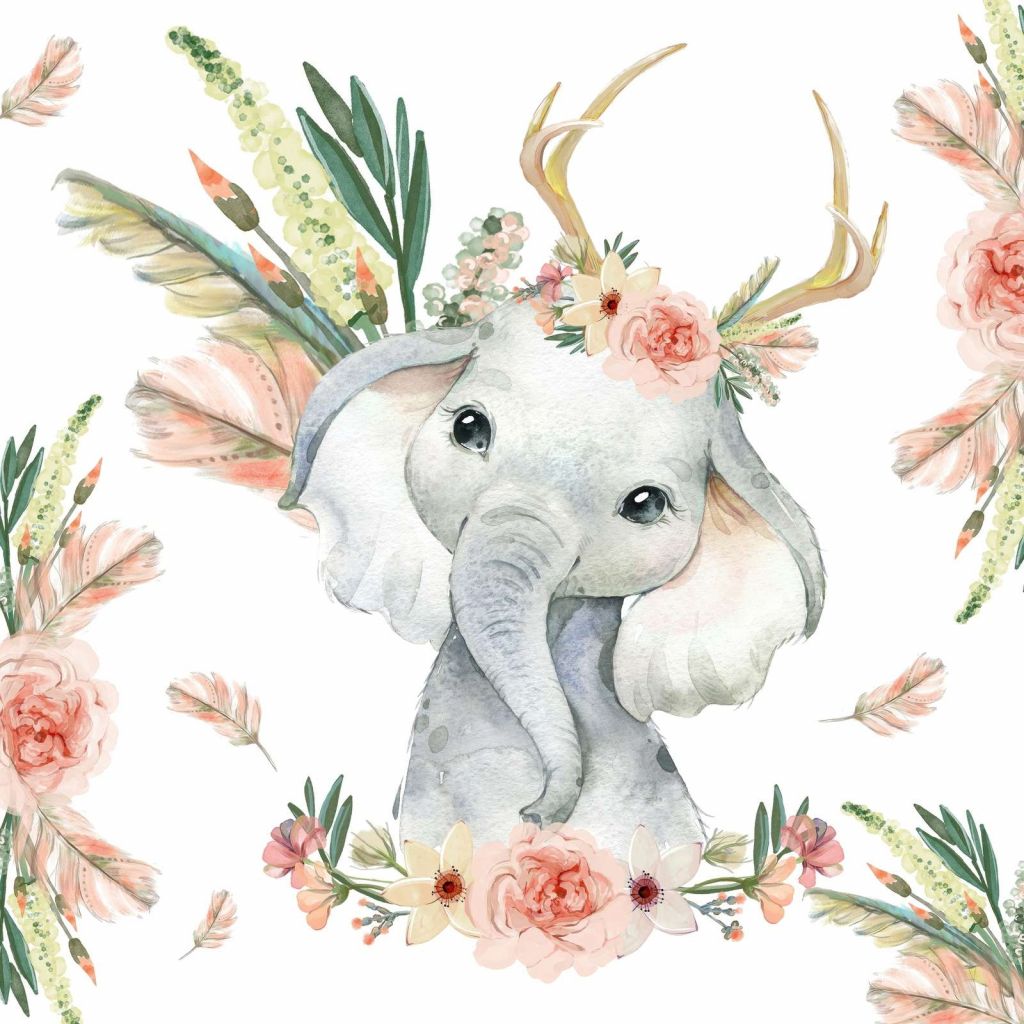 Babyelefant med lyserøde blomster