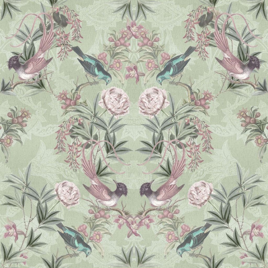 Salviegrønne hagefugler og blomster