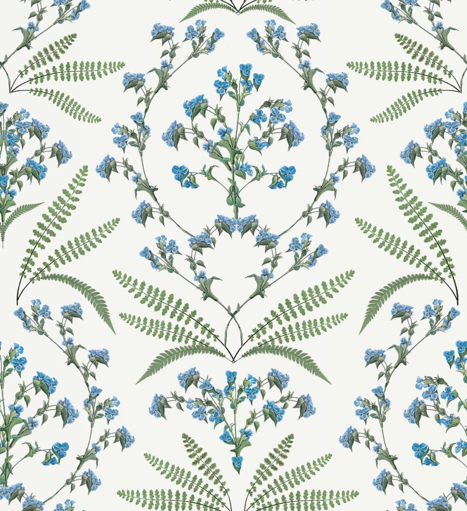 Blå blomstrende grene og bregner