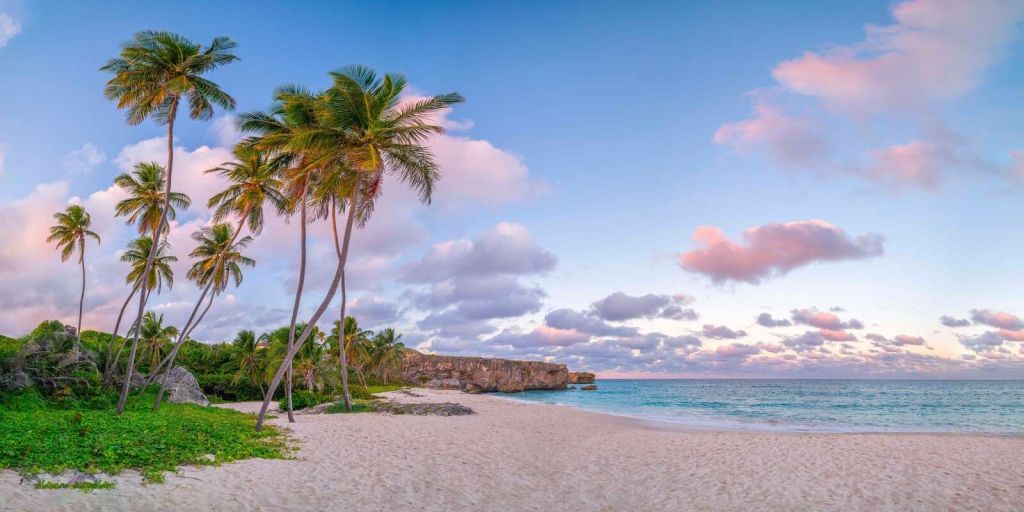 Tropisk strand ved skumringen.