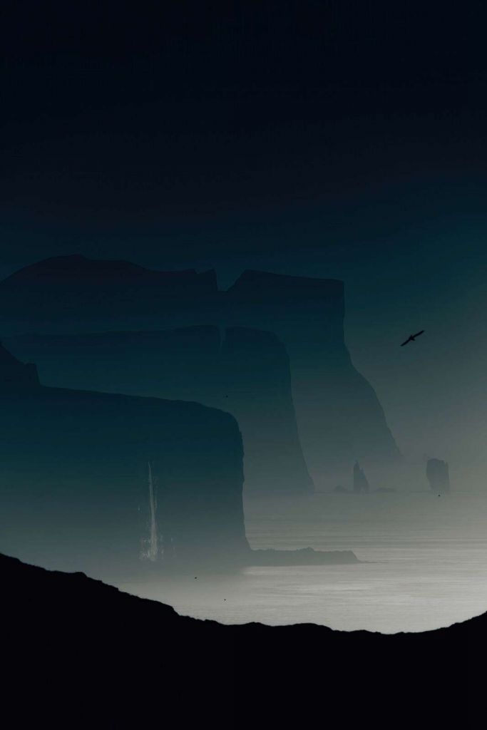 Klippväggar i blågrå morgondimma