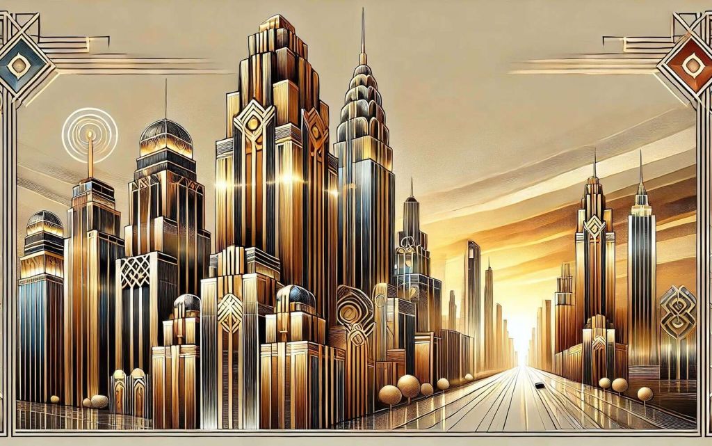 Gyllene skyline i art deco-solljus