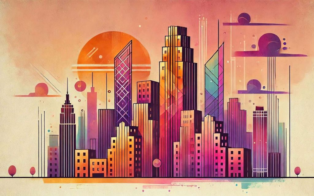 Färgrik stad under rosa sol