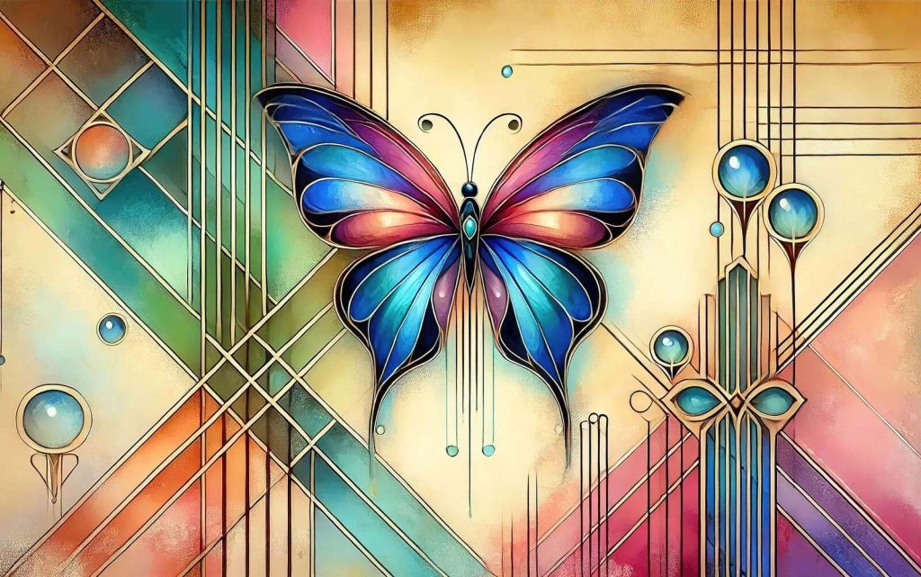 Fjäril i färgat glas med art déco-glans.