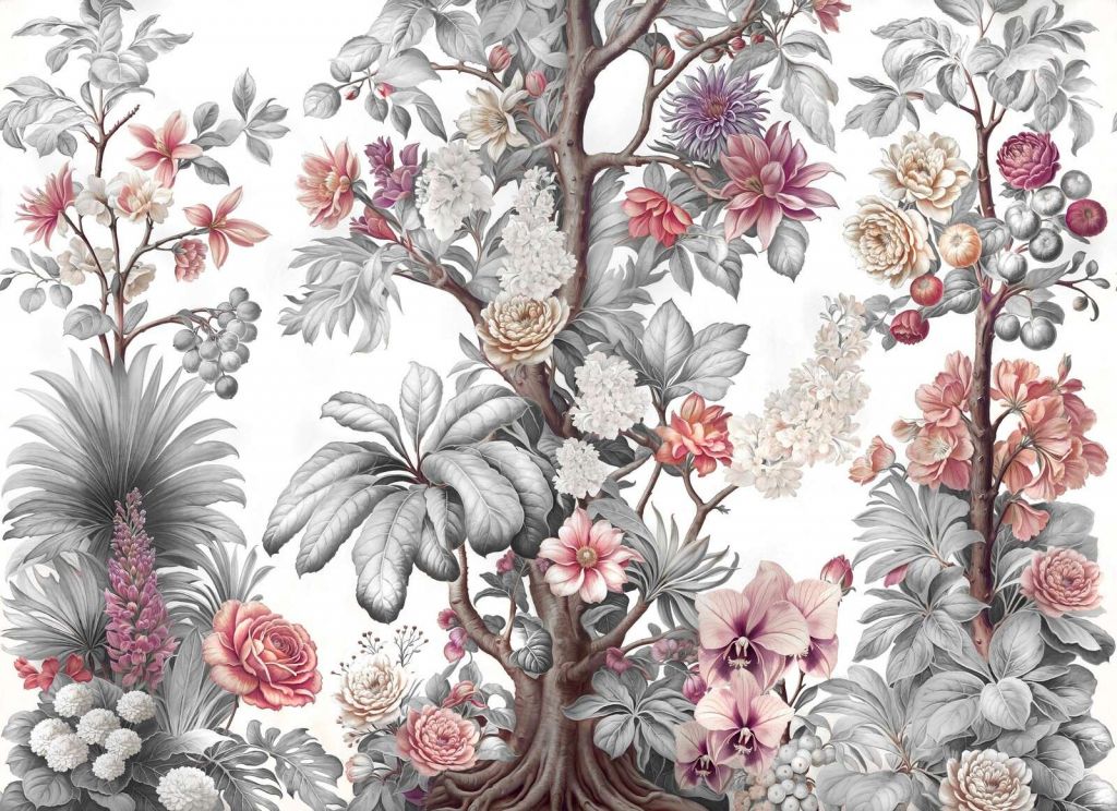 Botaniskt blommande träd i gråskalor