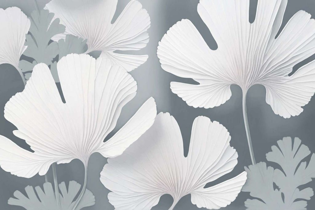 Hvite ginkgoblader i tåke