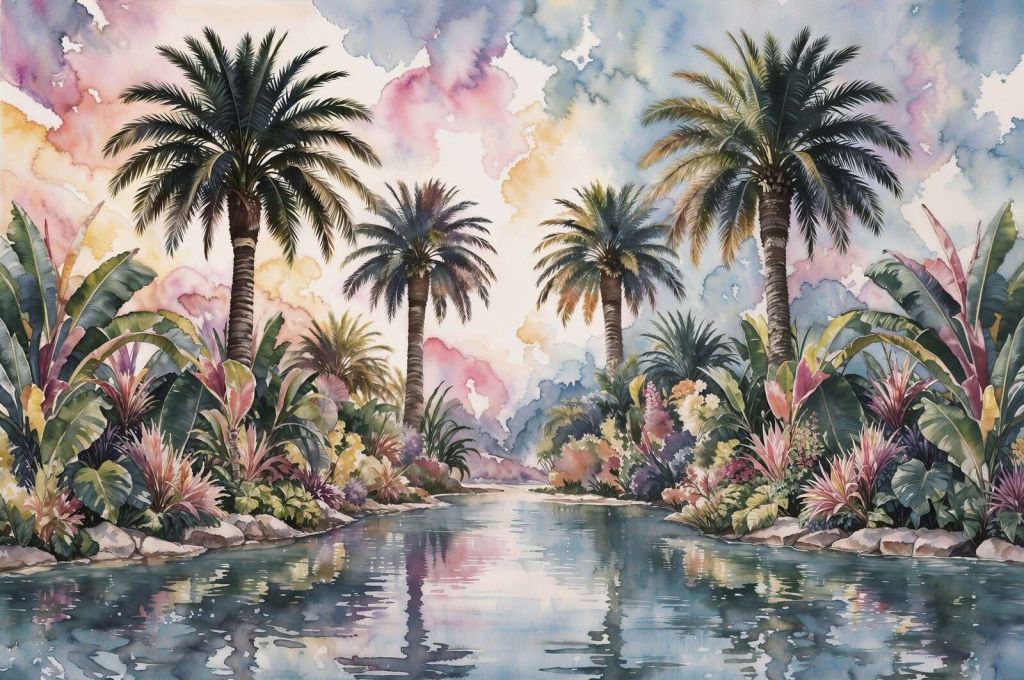 Tropiskt palmlandskap vid vatten