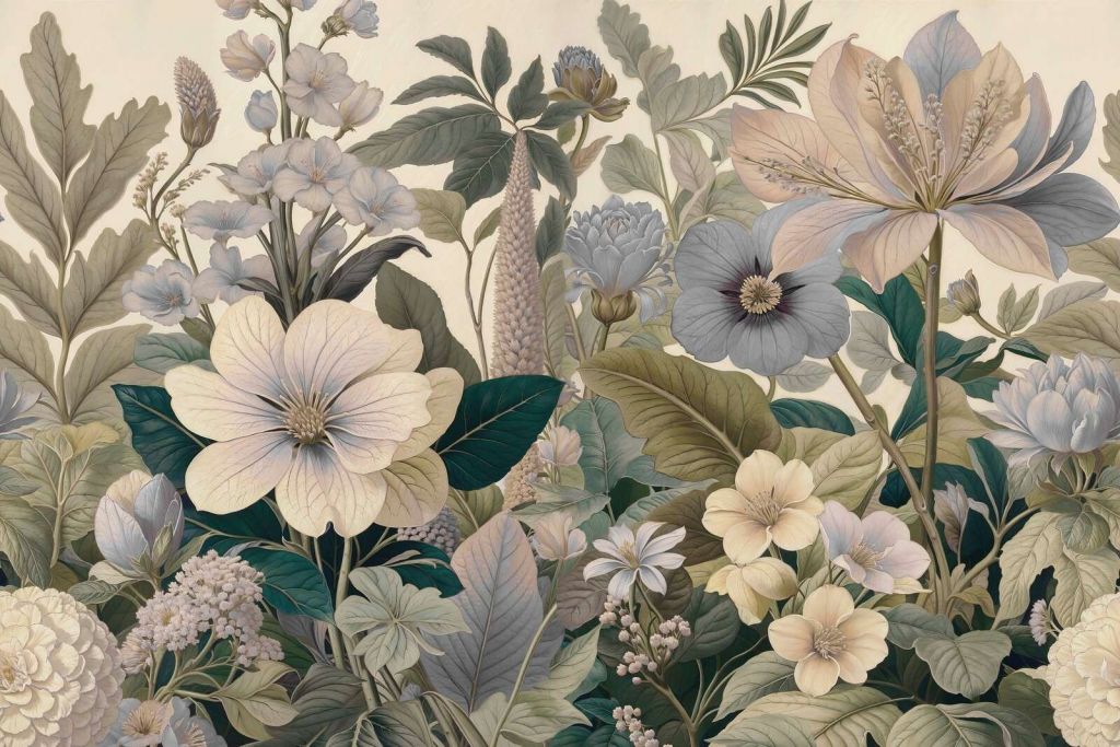 Botaniske blomster i bløde blåtoner