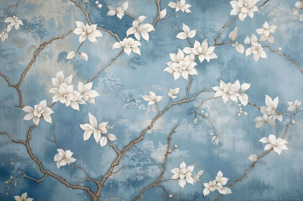Hvide magnoliablomster på blåt