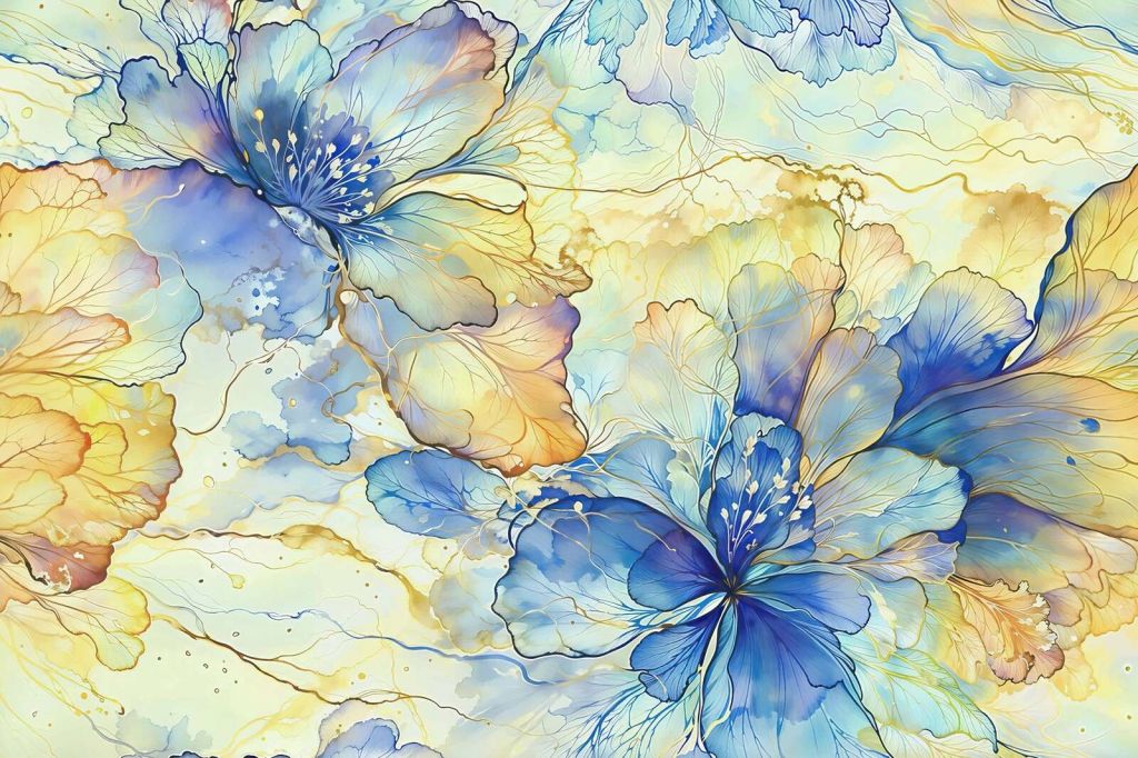 Akvarelblomster i blå og guld