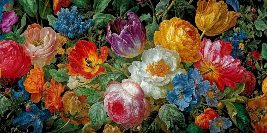 Frodige blomster på sort baggrund