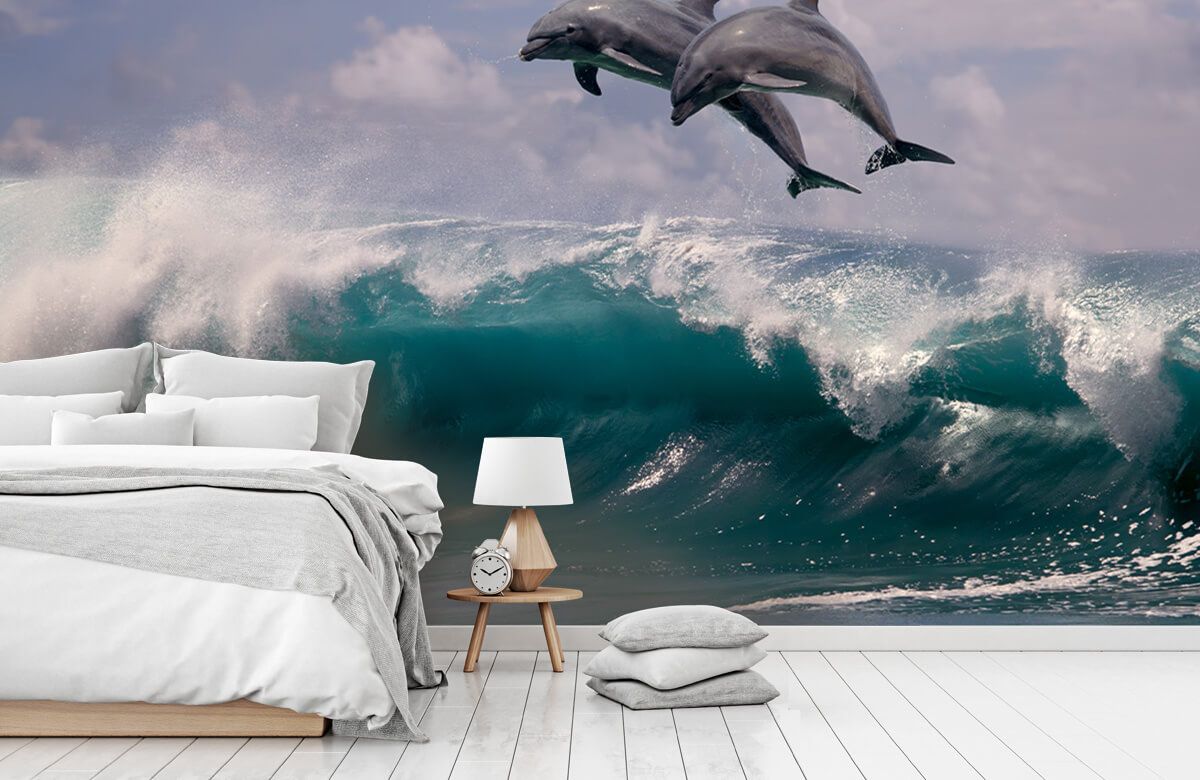 Fototapet - Delfiner og bølger Fototapet