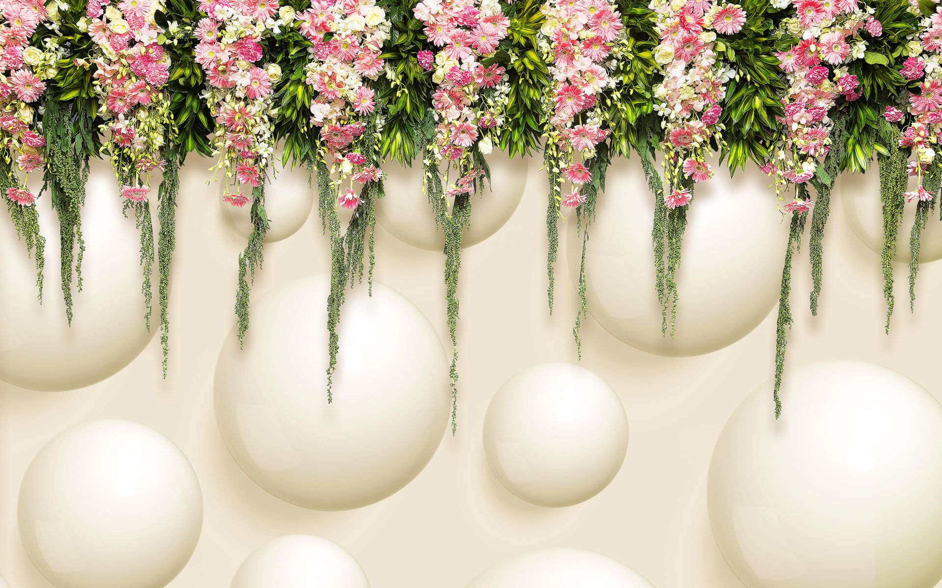 Rosa blommor hängs upp på en 3D-vägg