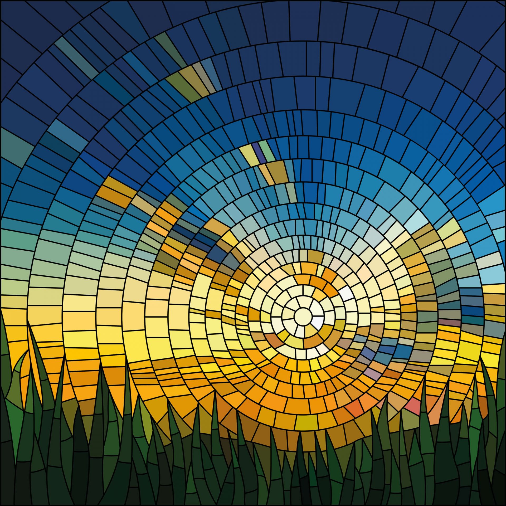 Solnedgang på en plen