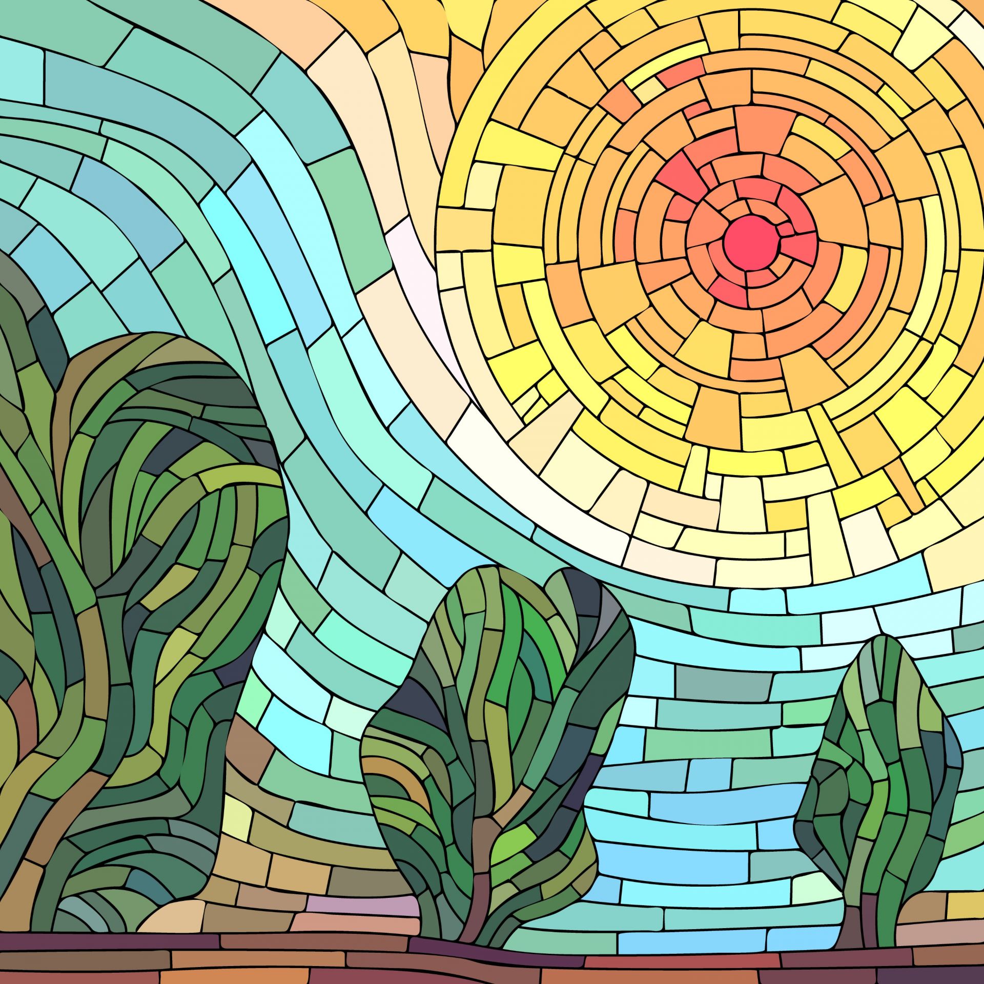 Röd sol vid träden