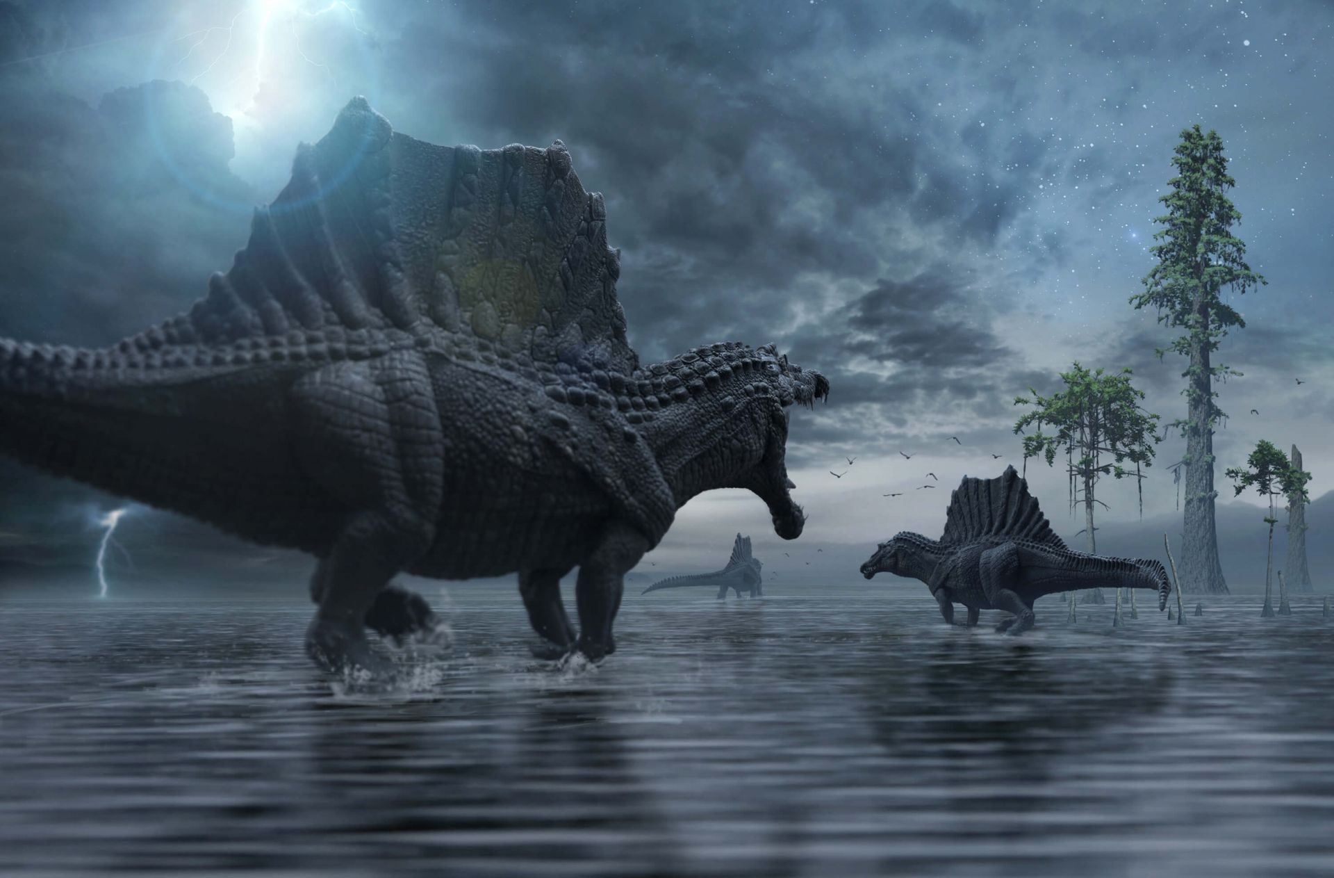 Spinosaurus-gruppe i et jaktområde