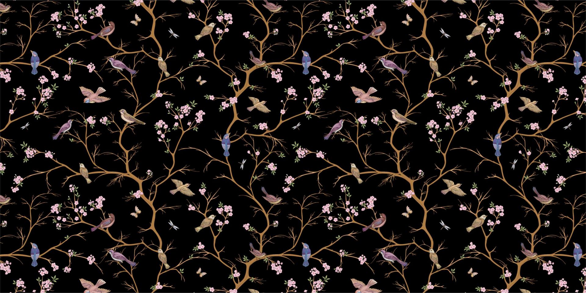 Blommande grenar med fåglar