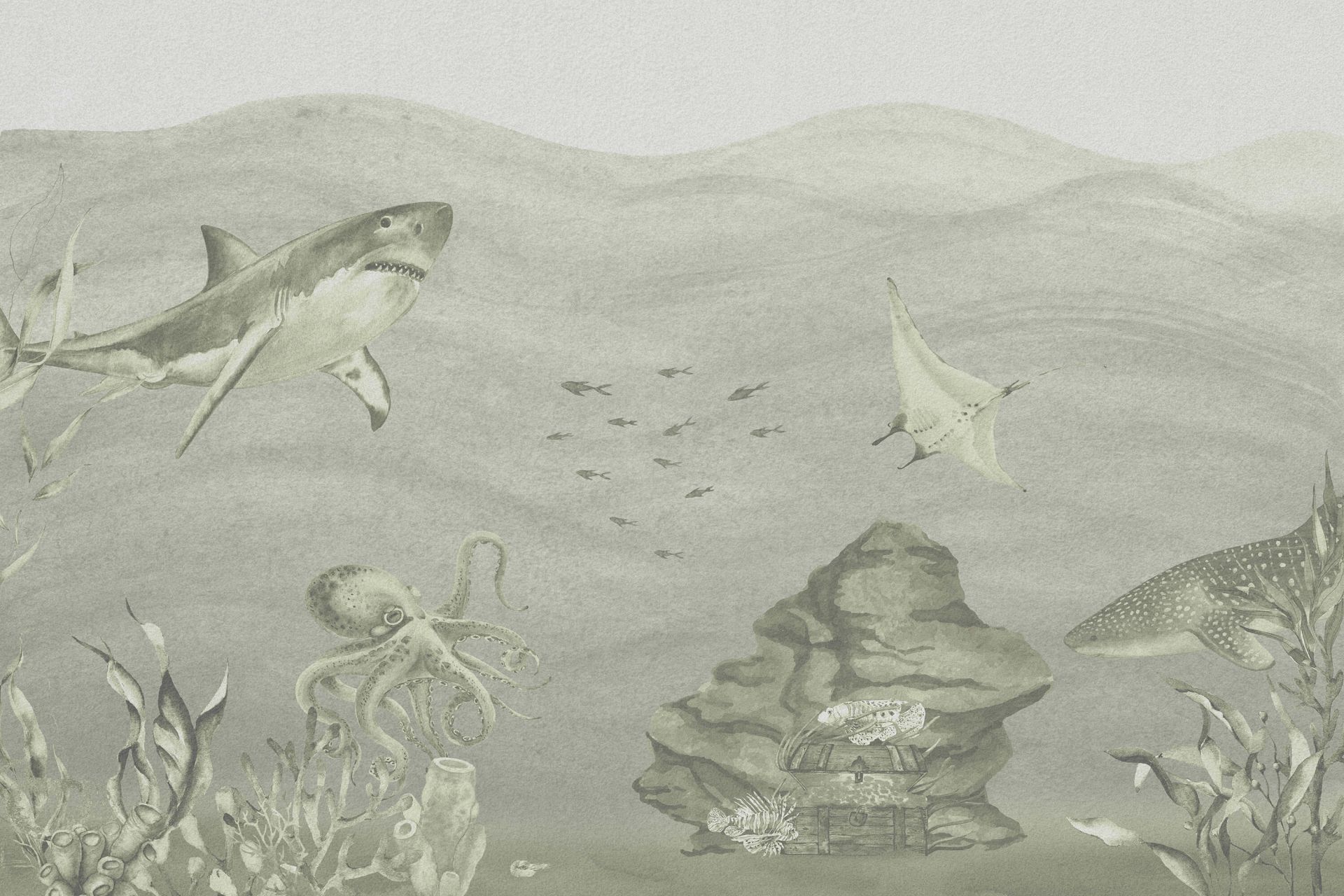 Undervannsverden med haier i grønt