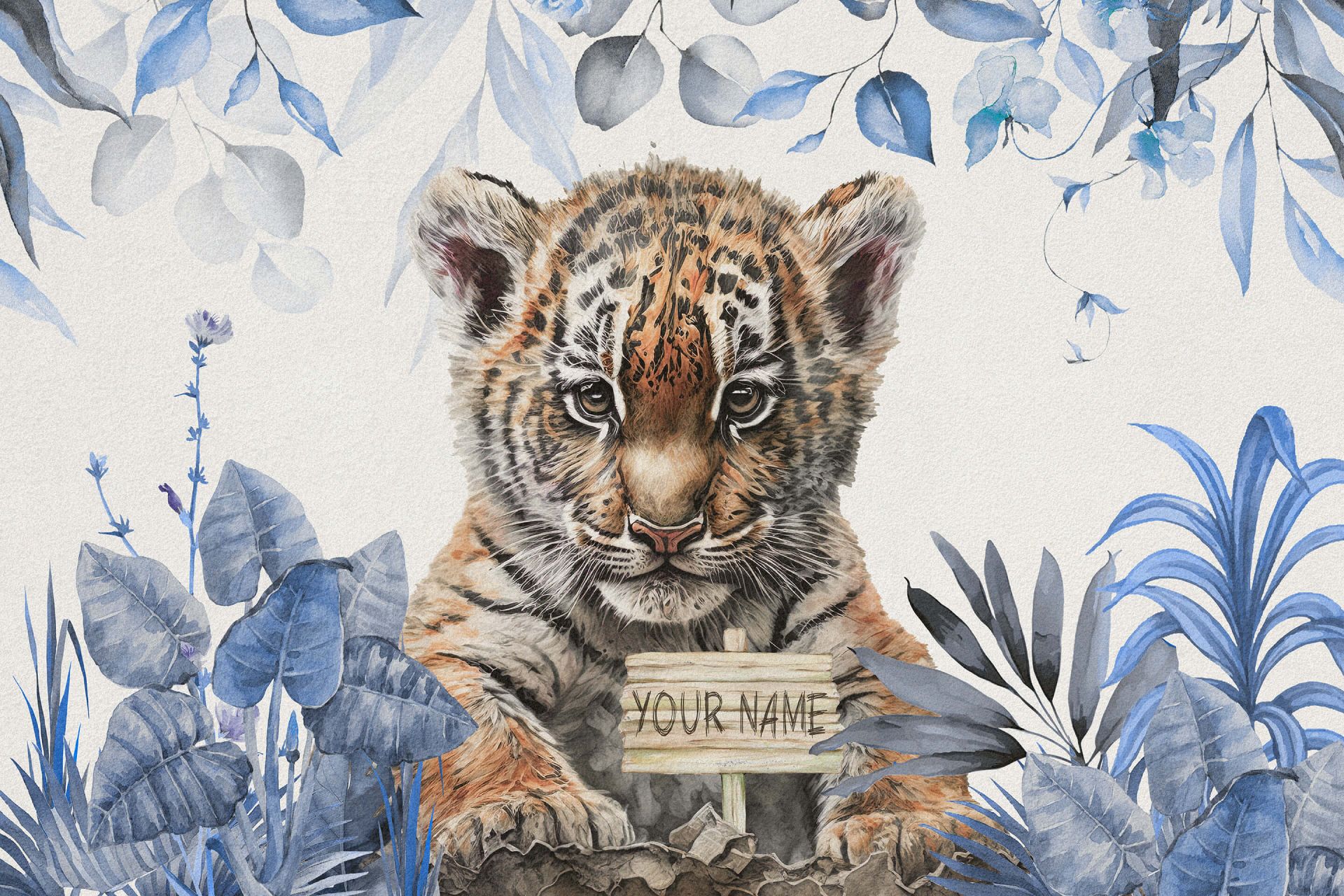 Sød tiger med planter blå