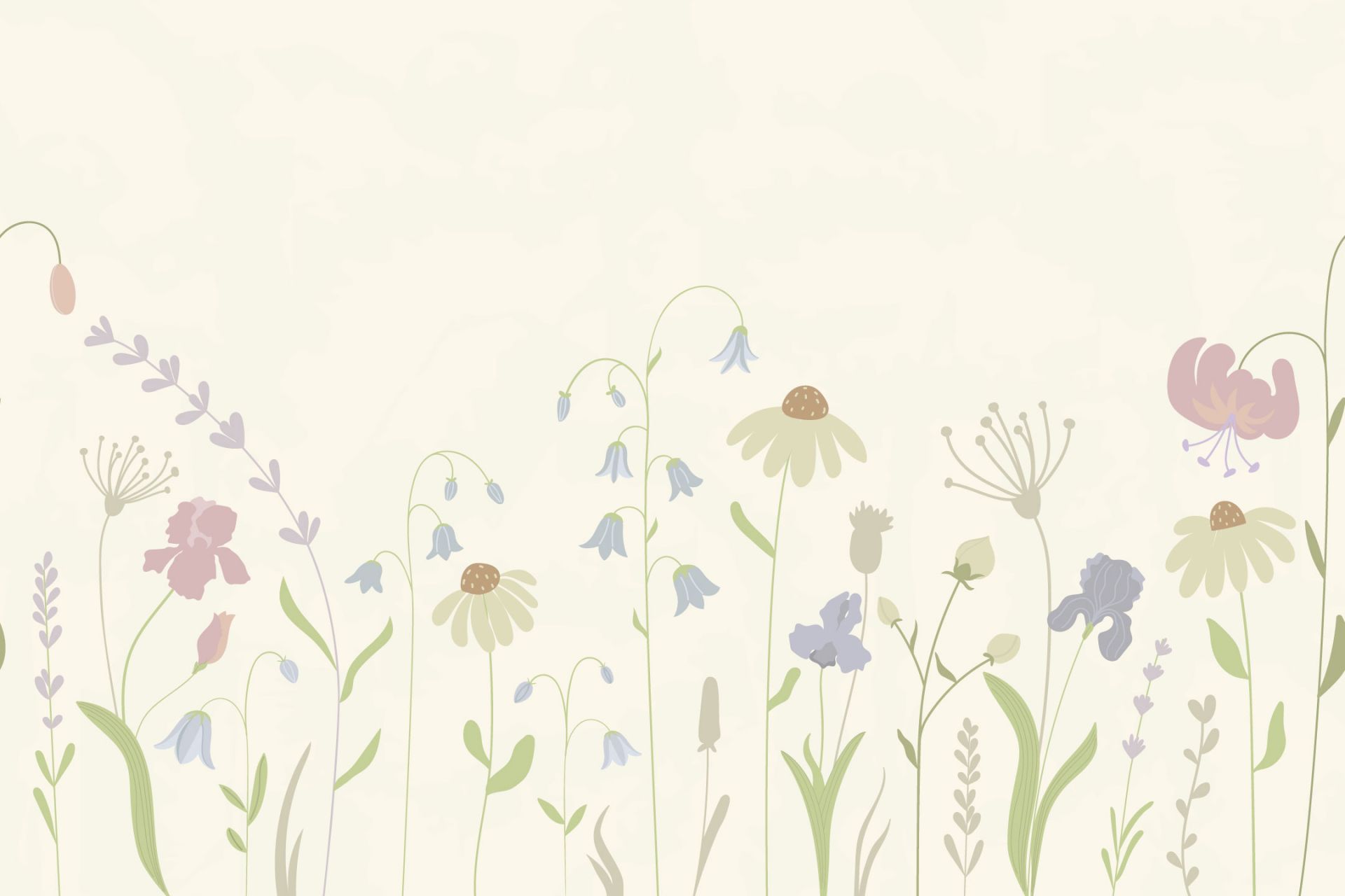 Blomsterfelt i høy beige, gammelrosa, grønn og lilla