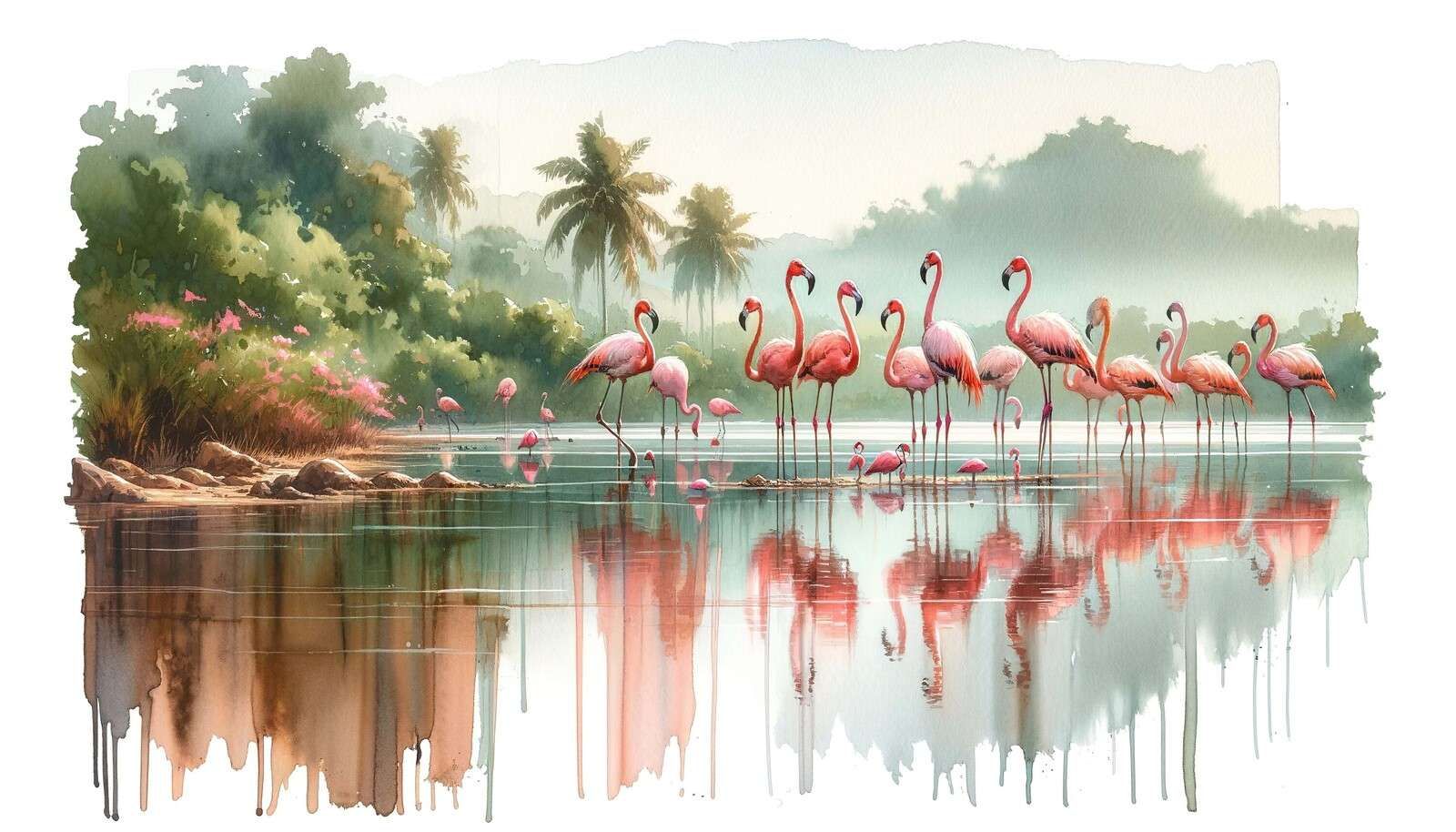 Morgenspeilinger av flamingoer