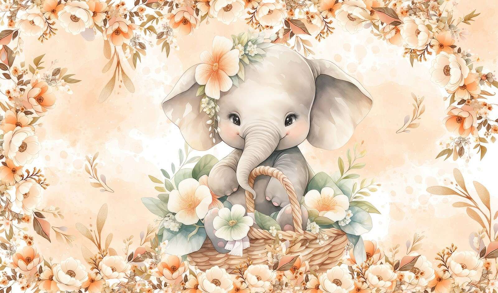 Söt elefant i blomsterkorg